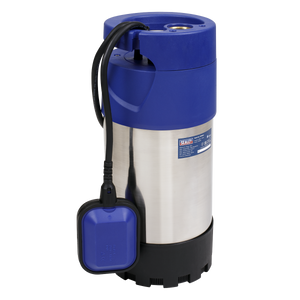 Image of a Sealey Submersible Stainless Water Pump Automatic 92L/min 40m Head 230V - WPS92A, blue and silver in color, with a black power cord and float switch. It's designed for efficiently removing clean water and features corrosion-resistant stainless steel components.