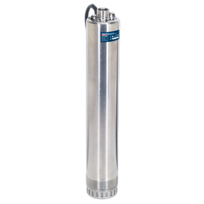The Sealey Borehole/Deep Well Pump 55m Head 9-Stage 230V - WPW9355, featuring a stainless steel cylindrical design with a black handle on top, a blue label, and connector fittings, is perfect for garden irrigation.