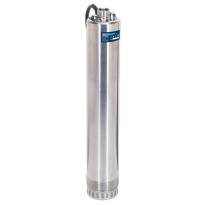 The Sealey Borehole/Deep Well Pump 55m Head 9-Stage 230V - WPW9355, featuring a stainless steel cylindrical design with a black handle on top, a blue label, and connector fittings, is perfect for garden irrigation.