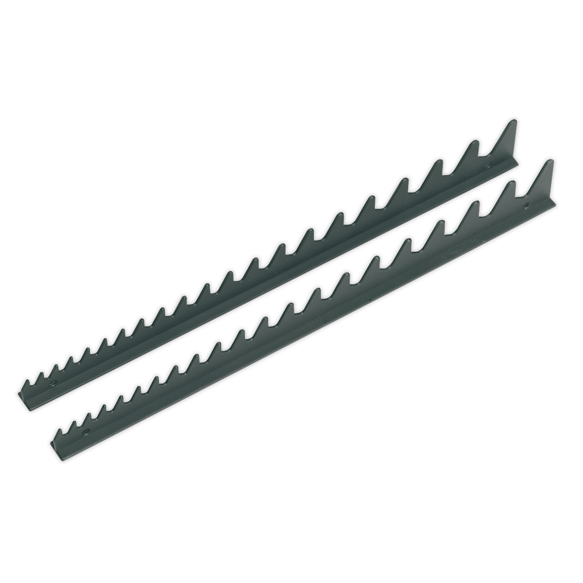 Image of two identical, black, serrated saw blades placed parallel to each other, slightly offset, reminiscent of a Sharks Teeth Spanner Rack 2pc (WR01) from Sealey.