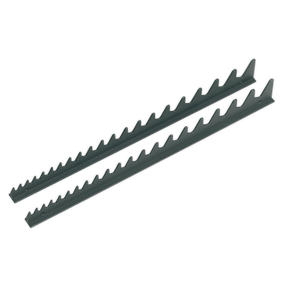 Image of two identical, black, serrated saw blades placed parallel to each other, slightly offset, reminiscent of a Sharks Teeth Spanner Rack 2pc (WR01) from Sealey.