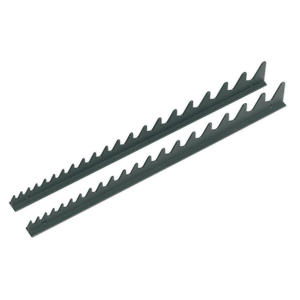 Image of two identical, black, serrated saw blades placed parallel to each other, slightly offset, reminiscent of a Sharks Teeth Spanner Rack 2pc (WR01) from Sealey.