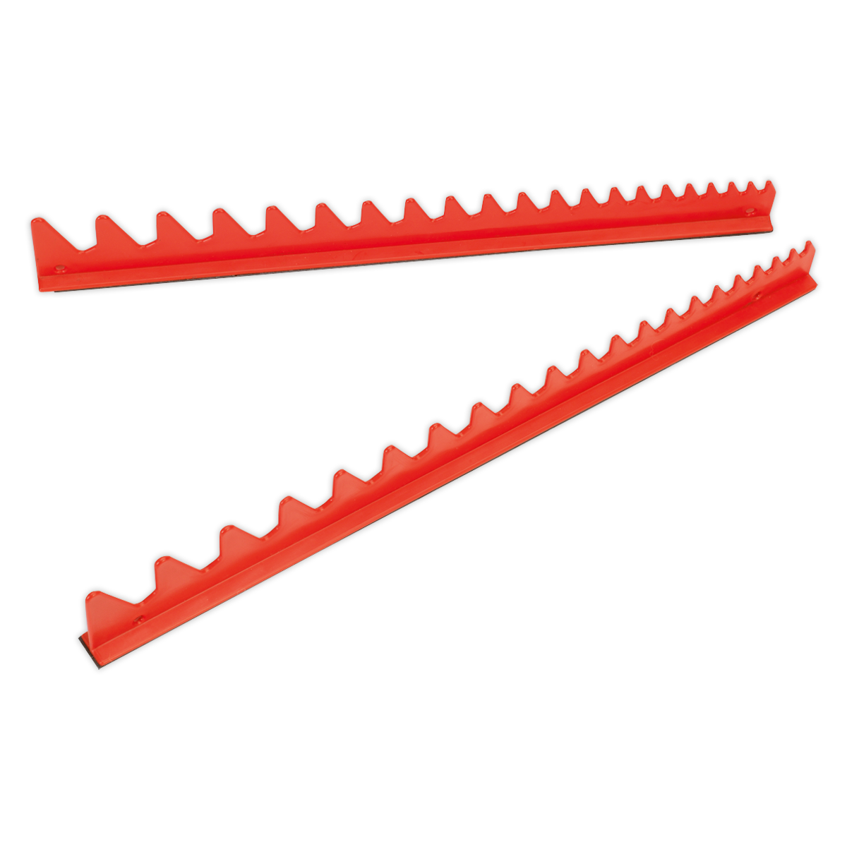 Two long, parallel red rack bars with evenly spaced notches along the top edges—perfect for organizing your spanner collection, featured in the Sealey Sharks Teeth Spanner Rack Magnetic 2pc - WR02.