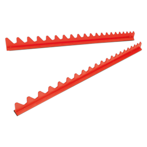 Two long, parallel red rack bars with evenly spaced notches along the top edges—perfect for organizing your spanner collection, featured in the Sealey Sharks Teeth Spanner Rack Magnetic 2pc - WR02.