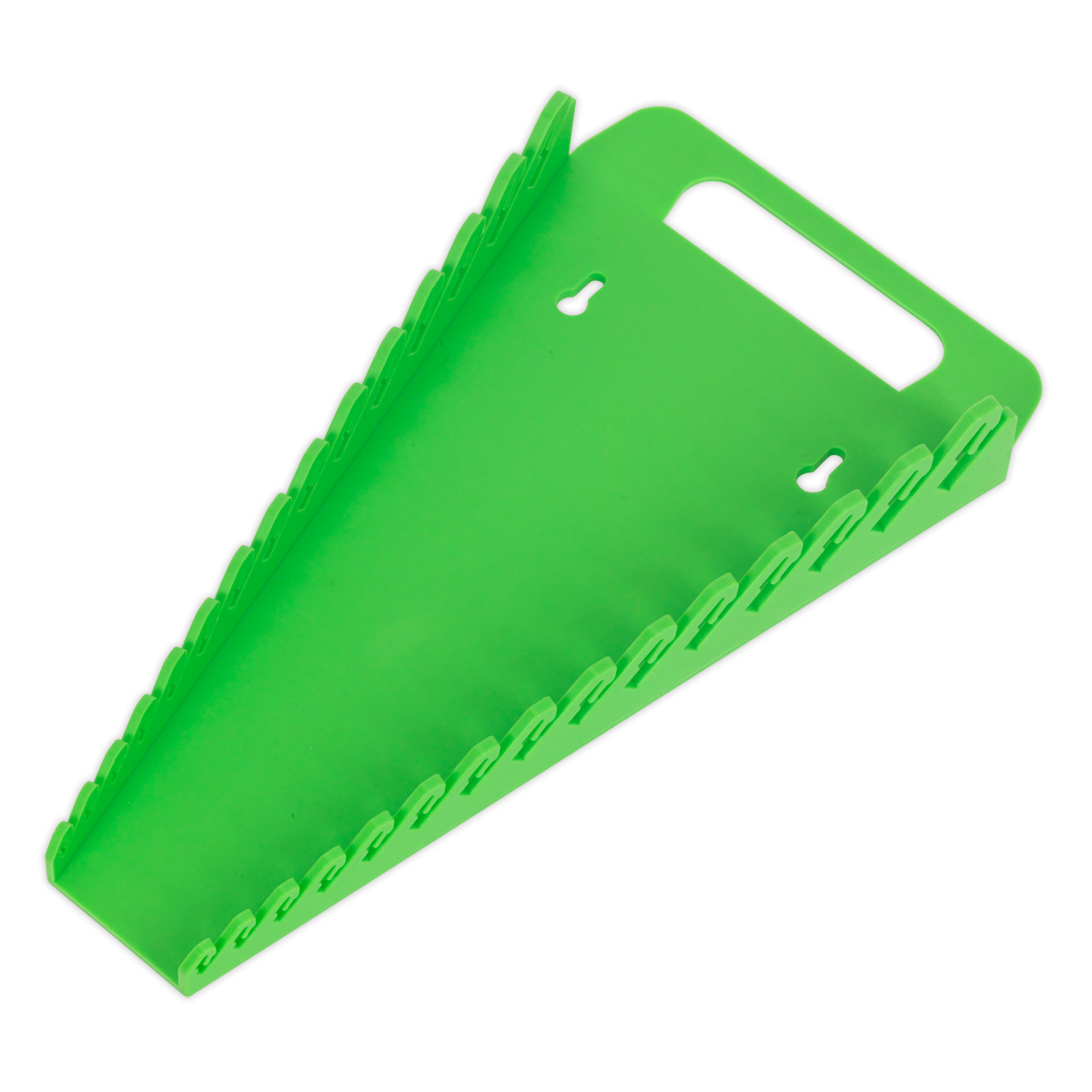 Sealey's Spanner Rack, Capacity 15 Spanners, in Hi-Vis Green (WR08HV), is a triangular-shaped plastic device with a handle cutout at the top and serrated edges along the sides—ideal for professional use.