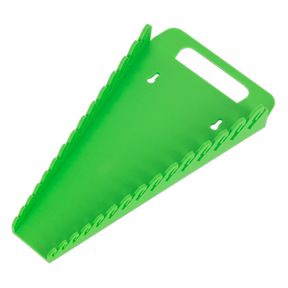 Sealey's Spanner Rack, Capacity 15 Spanners, in Hi-Vis Green (WR08HV), is a triangular-shaped plastic device with a handle cutout at the top and serrated edges along the sides—ideal for professional use.