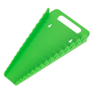 Sealey's Spanner Rack, Capacity 15 Spanners, in Hi-Vis Green (WR08HV), is a triangular-shaped plastic device with a handle cutout at the top and serrated edges along the sides—ideal for professional use.