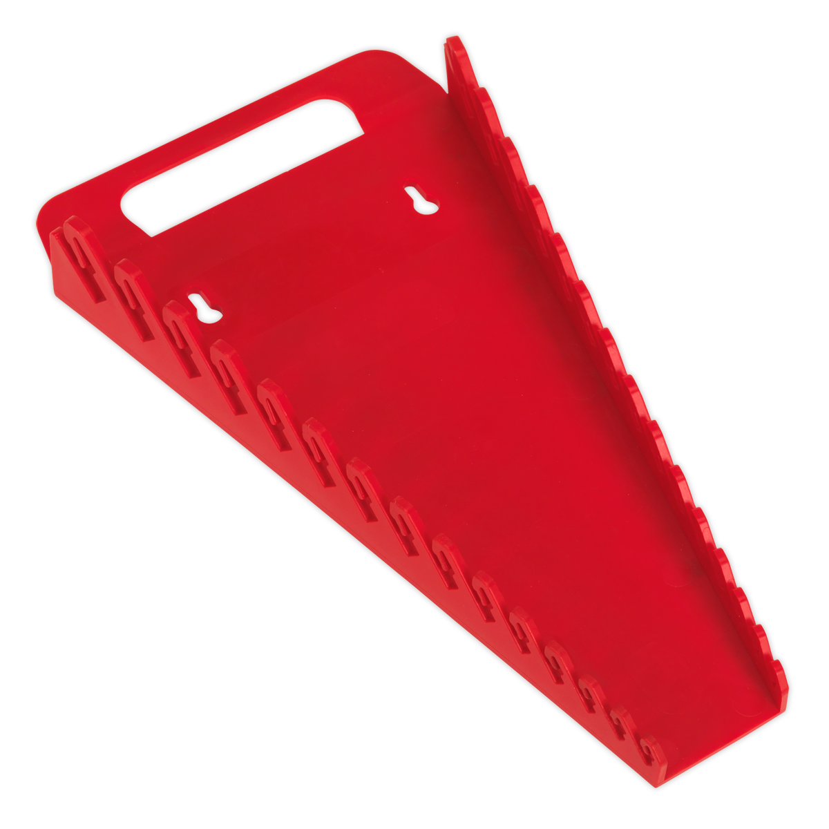 A red plastic chock with a handle and serrated edges designed for professional use, it effectively secures the wheels of vehicles to prevent movement. This is a must-have addition alongside your Sealey Spanner Rack Capacity 15 Spanners - WR08, ideal for any serious mechanic.