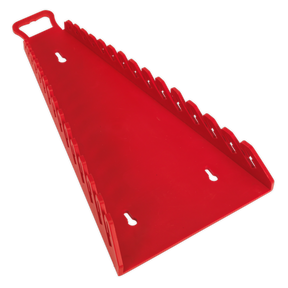 A red plastic wall-mounted Reverse Spanner Rack, designed by Sealey, features multiple slots to organize hand tools, including a capacity for 15 spanners. It includes mounting holes and a carrying handle, making it the perfect addition to your organized toolbox.