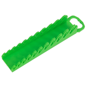 The Sealey WR10HV Spanner Rack Capacity 10 Stubby Spanners in Hi-Vis Green is a plastic tool holder with slots and a handle, designed for organizing and storing elongated tools or items, making it perfect for your Premier Hand Tools.
