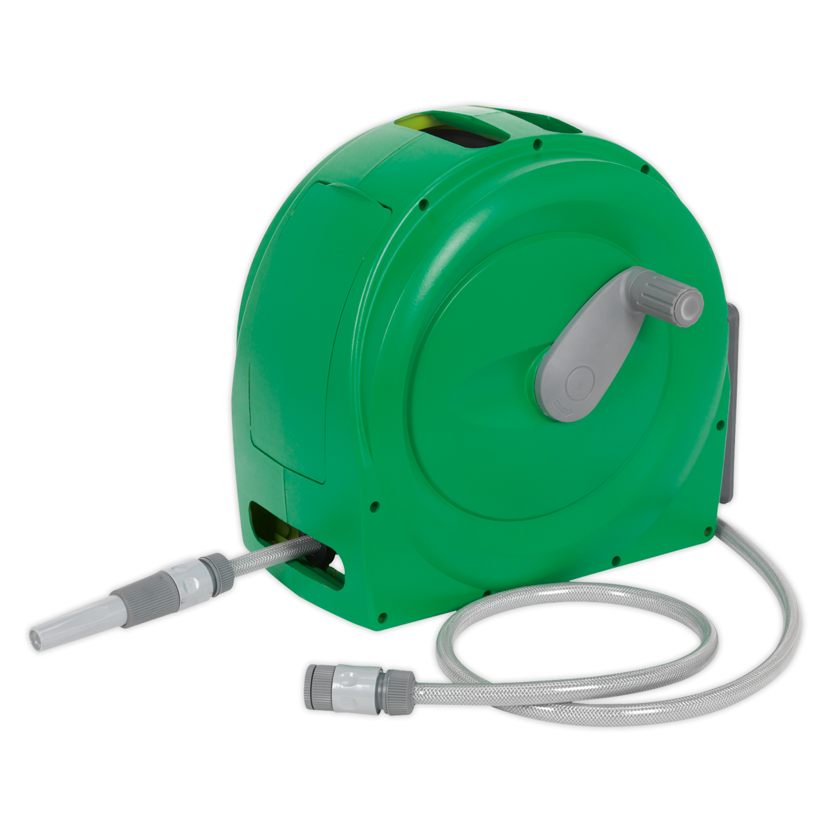 The Sealey Water Hose Reel 20m - WR92, a green retractable garden hose reel made from durable lightweight material, features a handle for winding and unwinding the PVC hose. The hose, which is attached to the reel, includes a nozzle at the end, making it perfect for use with pressure washers.