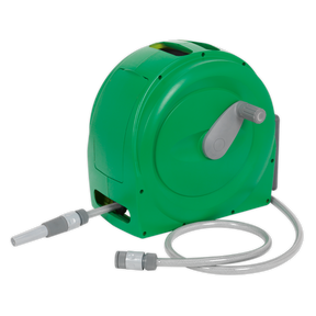 The Sealey Water Hose Reel 20m - WR92, a green retractable garden hose reel made from durable lightweight material, features a handle for winding and unwinding the PVC hose. The hose, which is attached to the reel, includes a nozzle at the end, making it perfect for use with pressure washers.