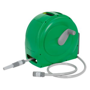 The Sealey Water Hose Reel 20m - WR92, a green retractable garden hose reel made from durable lightweight material, features a handle for winding and unwinding the PVC hose. The hose, which is attached to the reel, includes a nozzle at the end, making it perfect for use with pressure washers.