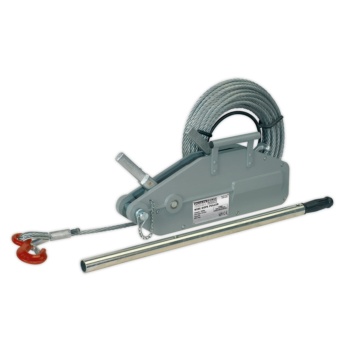 Introducing the Sealey Wire Rope Puller WRP1600, a hand-operated puller featuring a mechanical hand winch with a steel cable coil, lever handle, and a heavy-duty safety hook. Perfect for lifting and moving heavy loads with ease up to 1600kg.