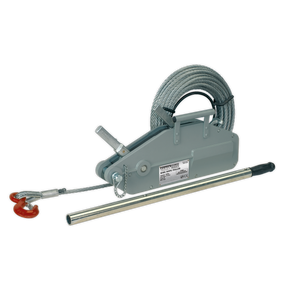 Introducing the Sealey Wire Rope Puller WRP1600, a hand-operated puller featuring a mechanical hand winch with a steel cable coil, lever handle, and a heavy-duty safety hook. Perfect for lifting and moving heavy loads with ease up to 1600kg.
