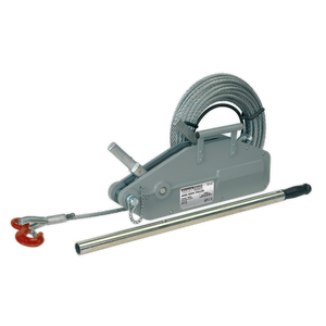 Introducing the Sealey Wire Rope Puller WRP1600, a hand-operated puller featuring a mechanical hand winch with a steel cable coil, lever handle, and a heavy-duty safety hook. Perfect for lifting and moving heavy loads with ease up to 1600kg.