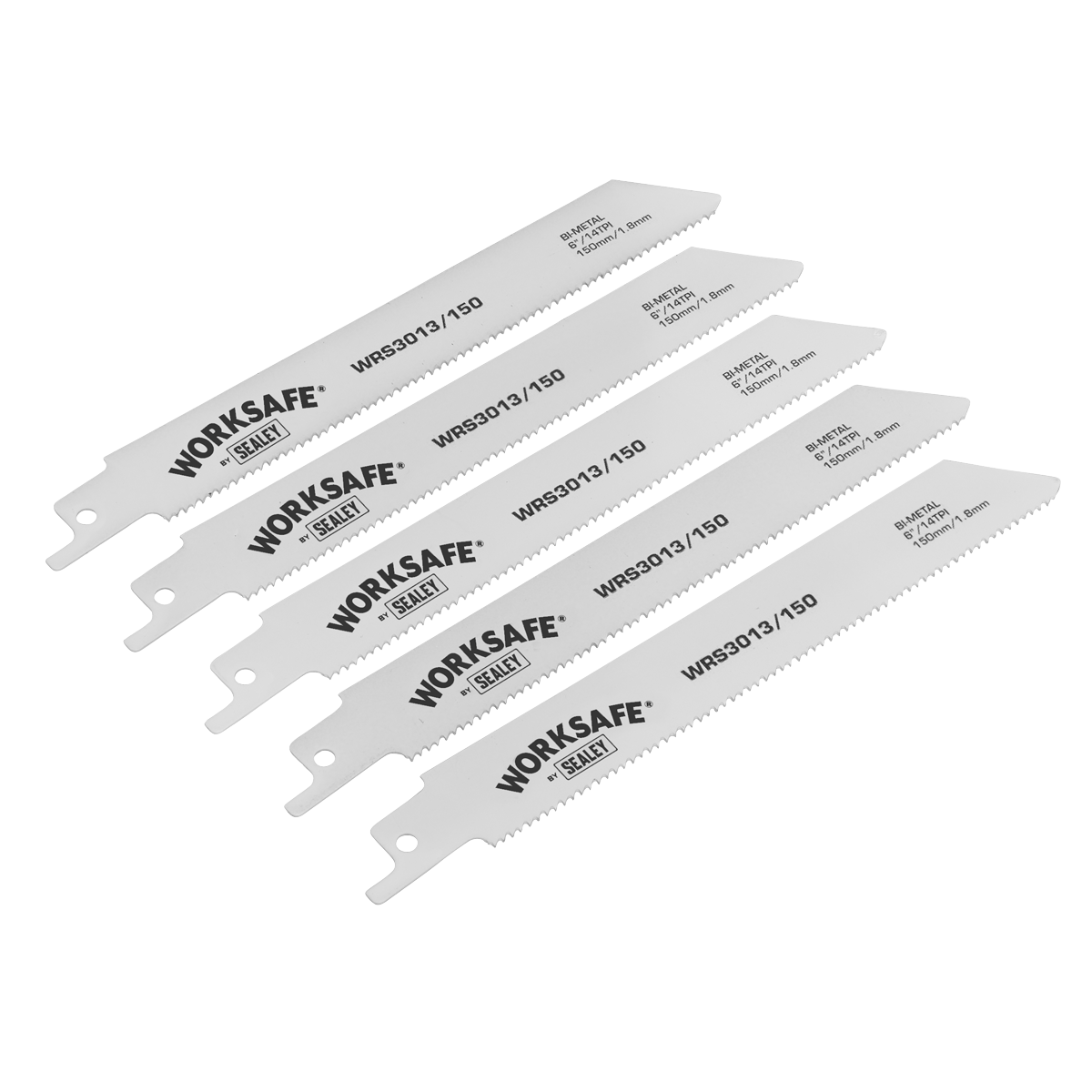 Five Sealey brand reciprocating saw blades labeled WRS3013/150 are arranged diagonally. The white blades, designed for precision cutting through iron and steel, feature serrated edges.