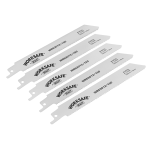 Five Sealey brand reciprocating saw blades labeled WRS3013/150 are arranged diagonally. The white blades, designed for precision cutting through iron and steel, feature serrated edges.