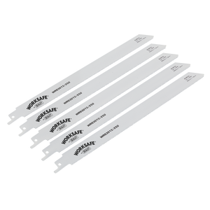 Five Sealey reciprocating saw blades, model WRS3013/250, measuring 250mm with 14 teeth per inch and ideal for cutting iron or steel, are arranged in parallel. The white blades come in a pack of five.