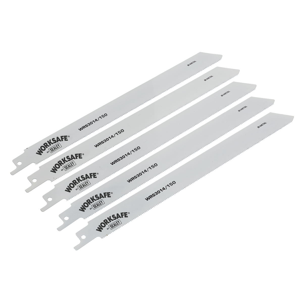 A set of five Sealey branded reciprocating saw blades, perfect for fine cuts, aligned parallel to each other. The silver blades have product codes WRS3014/150 printed on them, ensuring precision and reliability for your toughest sheet metal projects.