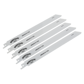 A set of five Sealey branded reciprocating saw blades, perfect for fine cuts, aligned parallel to each other. The silver blades have product codes WRS3014/150 printed on them, ensuring precision and reliability for your toughest sheet metal projects.