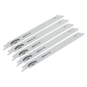 A set of five Sealey branded reciprocating saw blades, perfect for fine cuts, aligned parallel to each other. The silver blades have product codes WRS3014/150 printed on them, ensuring precision and reliability for your toughest sheet metal projects.