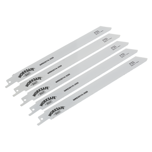 Five Sealey WORKSAFE reciprocating saw blades, model WRS3014/200, are arranged in parallel. The 225mm steel saw blades have text indicating their 18 TPI (teeth per inch) specifications and other relevant details.