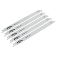 Five Sealey Reciprocating Saw Blades Metal 250mm 18 TPI, with white bodies and black text, arranged slightly fanned out. Perfect for iron and steel cutting, the text includes "18 TPI" and model number "WRS3014/250." These universal saw blades are ideal for various reciprocating saws.