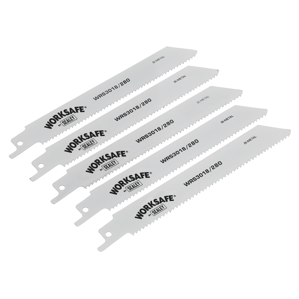 Five reciprocating saw blades labeled "Sealey WRS3018/280" are arranged in a fanned-out pattern, perfect for coarse cuts.