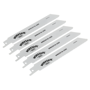 Five reciprocating saw blades labeled "Sealey WRS3018/280" are arranged in a fanned-out pattern, perfect for coarse cuts.