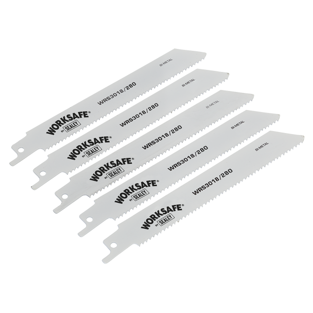 Five reciprocating saw blades labeled "Sealey WRS3018/280" are arranged in a fanned-out pattern, perfect for coarse cuts.