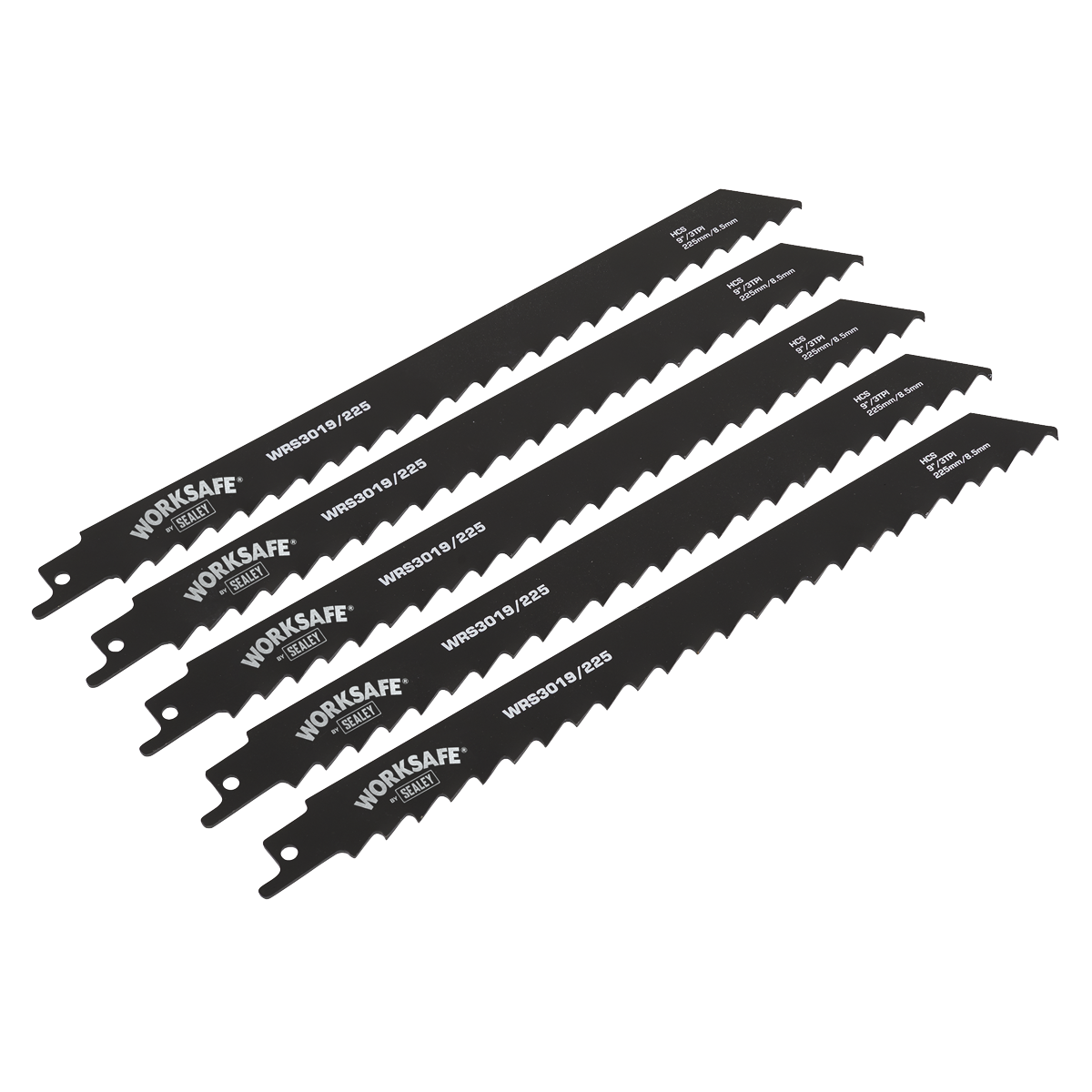 A pack of five Sealey reciprocating saw blades, each marked with the code "WRS3019/225," feature a 225mm cutting length and jagged, serrated edges ideal for cutting wood.