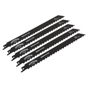 A pack of five Sealey reciprocating saw blades, each marked with the code "WRS3019/225," feature a 225mm cutting length and jagged, serrated edges ideal for cutting wood.
