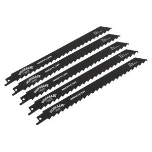 A pack of five Sealey reciprocating saw blades, each marked with the code "WRS3019/225," feature a 225mm cutting length and jagged, serrated edges ideal for cutting wood.