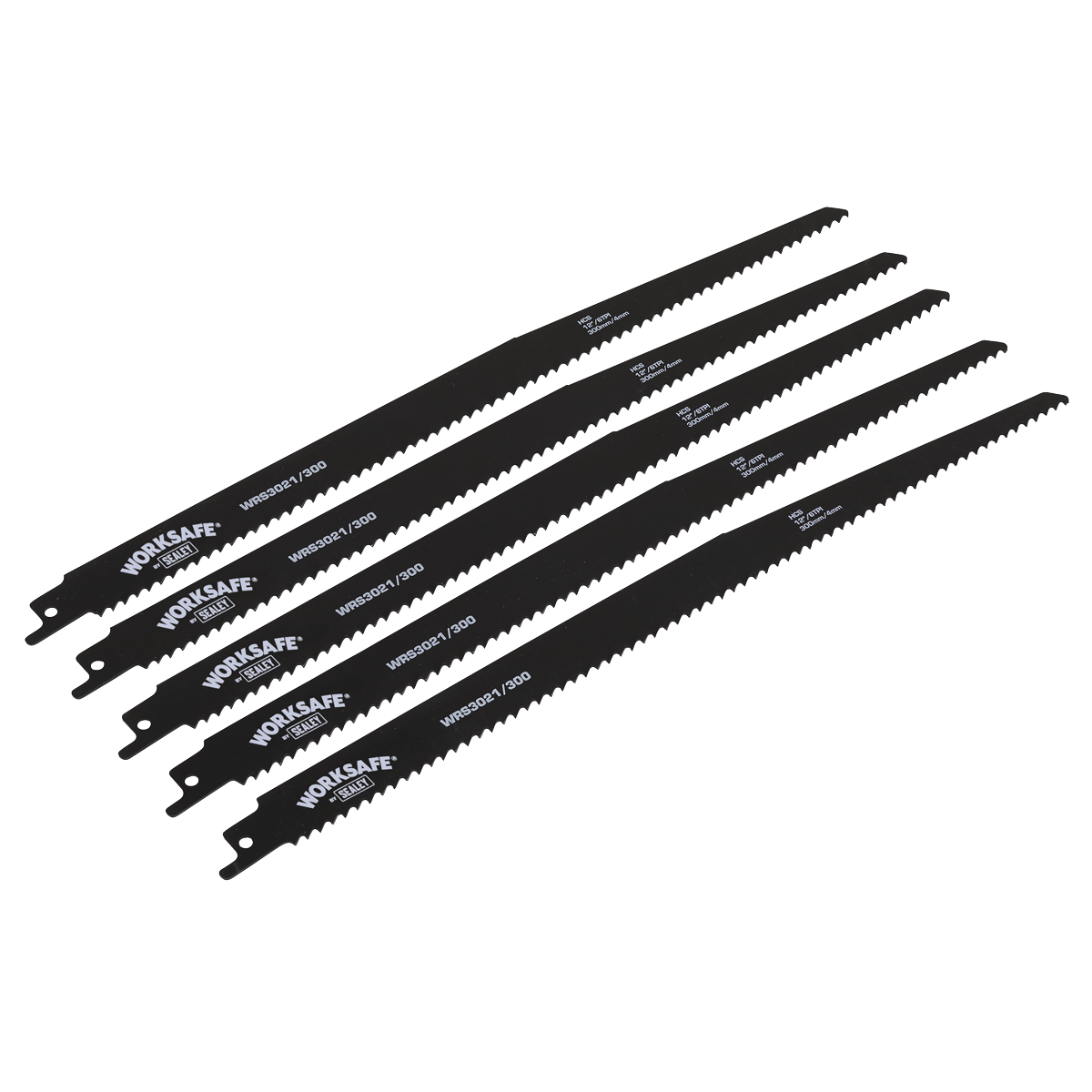 A pack of five black Sealey reciprocating saw blades, model WRS3021/300, designed for efficient wood cutting and tackling gypsum boards.