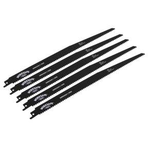 A pack of five black Sealey reciprocating saw blades, model WRS3021/300, designed for efficient wood cutting and tackling gypsum boards.