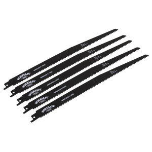 A pack of five black Sealey reciprocating saw blades, model WRS3021/300, designed for efficient wood cutting and tackling gypsum boards.