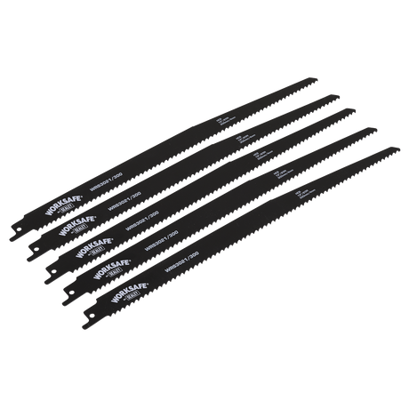 A pack of five black Sealey reciprocating saw blades, model WRS3021/300, designed for efficient wood cutting and tackling gypsum boards.