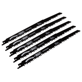 Five Sealey reciprocating saw blades, model number WRS3029/240, arranged parallel to each other, ideal for cutting through green wood.