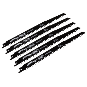 Five Sealey reciprocating saw blades, model number WRS3029/240, arranged parallel to each other, ideal for cutting through green wood.