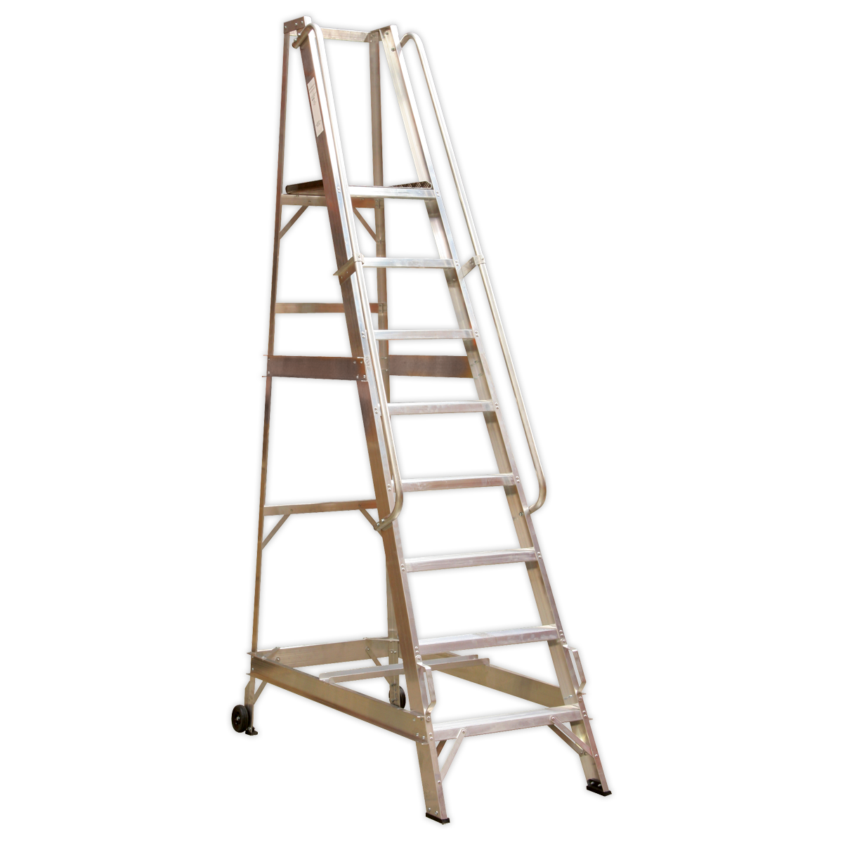 Introducing the Sealey Warehouse Steps 10-Tread - WS10, a robust and durable aluminum ladder featuring ten non-slip treads and safety handrails on both sides. This ladder is equipped with wheels at the base for easy mobility, ensuring safety and convenience in any workspace.