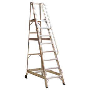 Introducing the Sealey Warehouse Steps 10-Tread - WS10, a robust and durable aluminum ladder featuring ten non-slip treads and safety handrails on both sides. This ladder is equipped with wheels at the base for easy mobility, ensuring safety and convenience in any workspace.