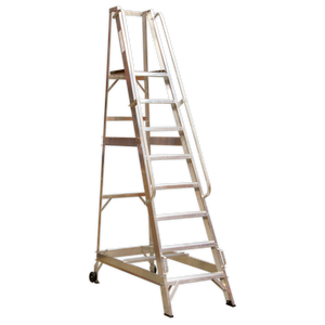 Introducing the Sealey Warehouse Steps 10-Tread - WS10, a robust and durable aluminum ladder featuring ten non-slip treads and safety handrails on both sides. This ladder is equipped with wheels at the base for easy mobility, ensuring safety and convenience in any workspace.