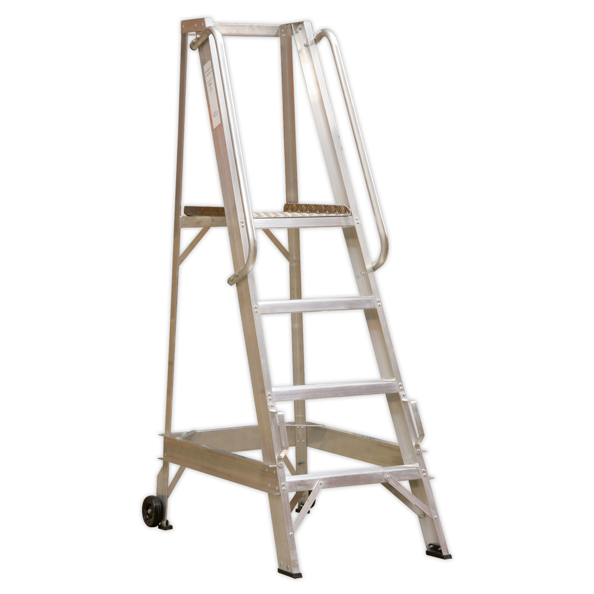 The Sealey Warehouse Steps 6-Tread - WS6 is a heavy-duty aluminium step ladder equipped with handrails and wheels for easy mobility. It features non-slip treads for enhanced safety.