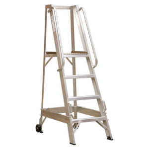 The Sealey Warehouse Steps 6-Tread - WS6 is a heavy-duty aluminium step ladder equipped with handrails and wheels for easy mobility. It features non-slip treads for enhanced safety.