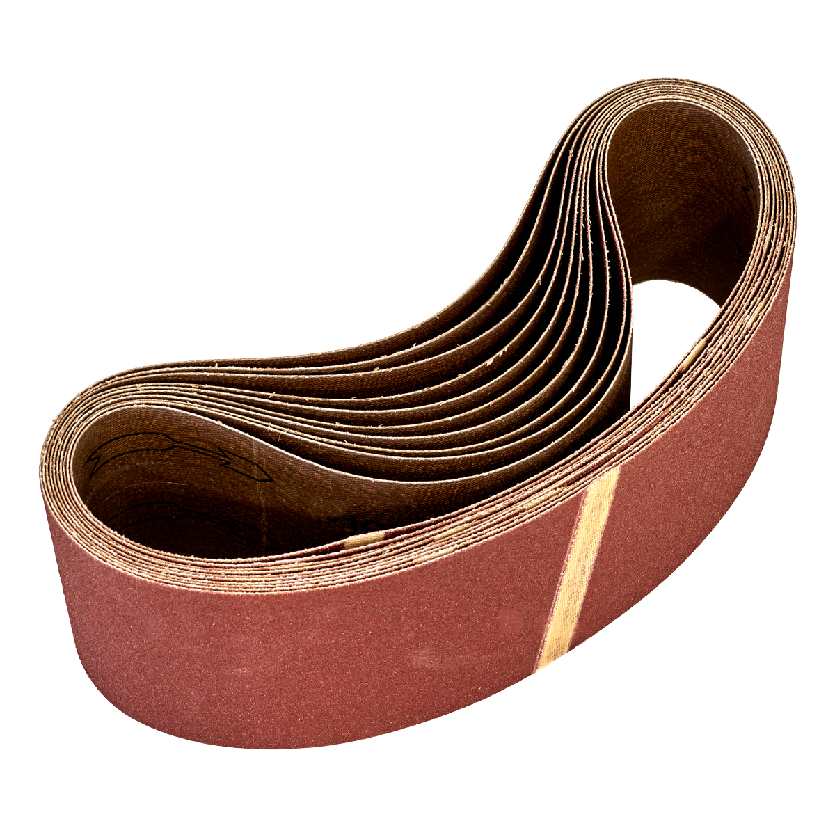 A pack of Sealey Sanding Belts 75 x 533mm, 120 Grit (model WSB53120), stacked together and ideal for woodworking applications.