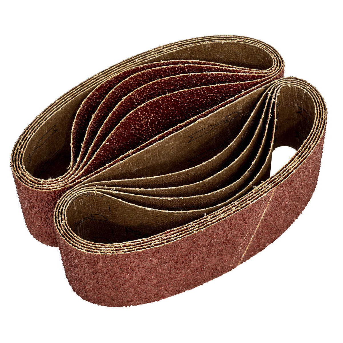 A set of Sealey's Sanding Belts, 75 x 533mm with a 24Grit rating (Pack of 5, model WSB53245), arranged in a stacked, overlapping manner, showcasing the gritty surface texture ideal for woodworking or polishing materials.