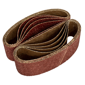 A set of Sealey's Sanding Belts, 75 x 533mm with a 24Grit rating (Pack of 5, model WSB53245), arranged in a stacked, overlapping manner, showcasing the gritty surface texture ideal for woodworking or polishing materials.