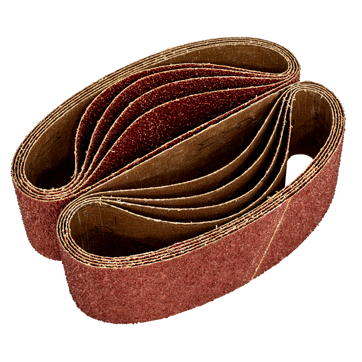 Close-up of a coiled, brown Sealey Sanding Belt 75 x 533mm with Aluminium oxide and a rough texture, 40 grit (pack of 10 - WSB5340), used for sanding or grinding surfaces in woodworking applications, isolated on a white background.