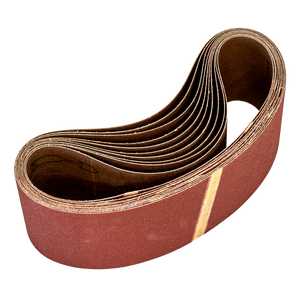 A Sealey Sanding Belt (75 x 533mm, 80 Grit) from the WSB5380 pack of 10, featuring a coiled aluminium oxide abrasive surface with an 80 grit reddish finish and layered construction, depicted against a white background—perfect for woodworking applications.